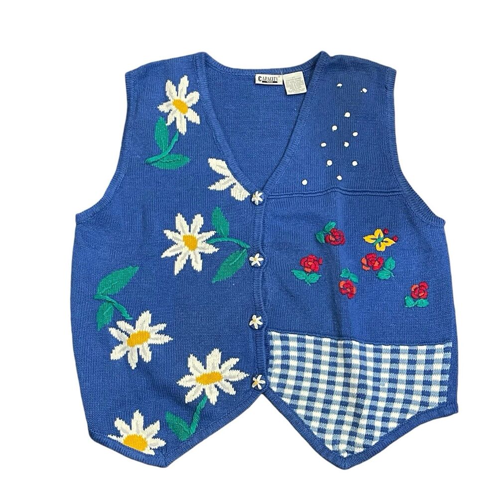 Sweater Vest Womens 2XL Capacity Blue Daisy Floral V-Neck Cotton Ramie 80s Vtg - Picture 7 of 9